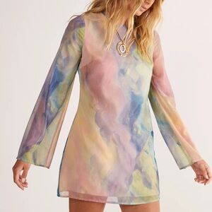 Nasty Gal Chiffon Marble Print Flared Sleeve Tunic Mini Dress
